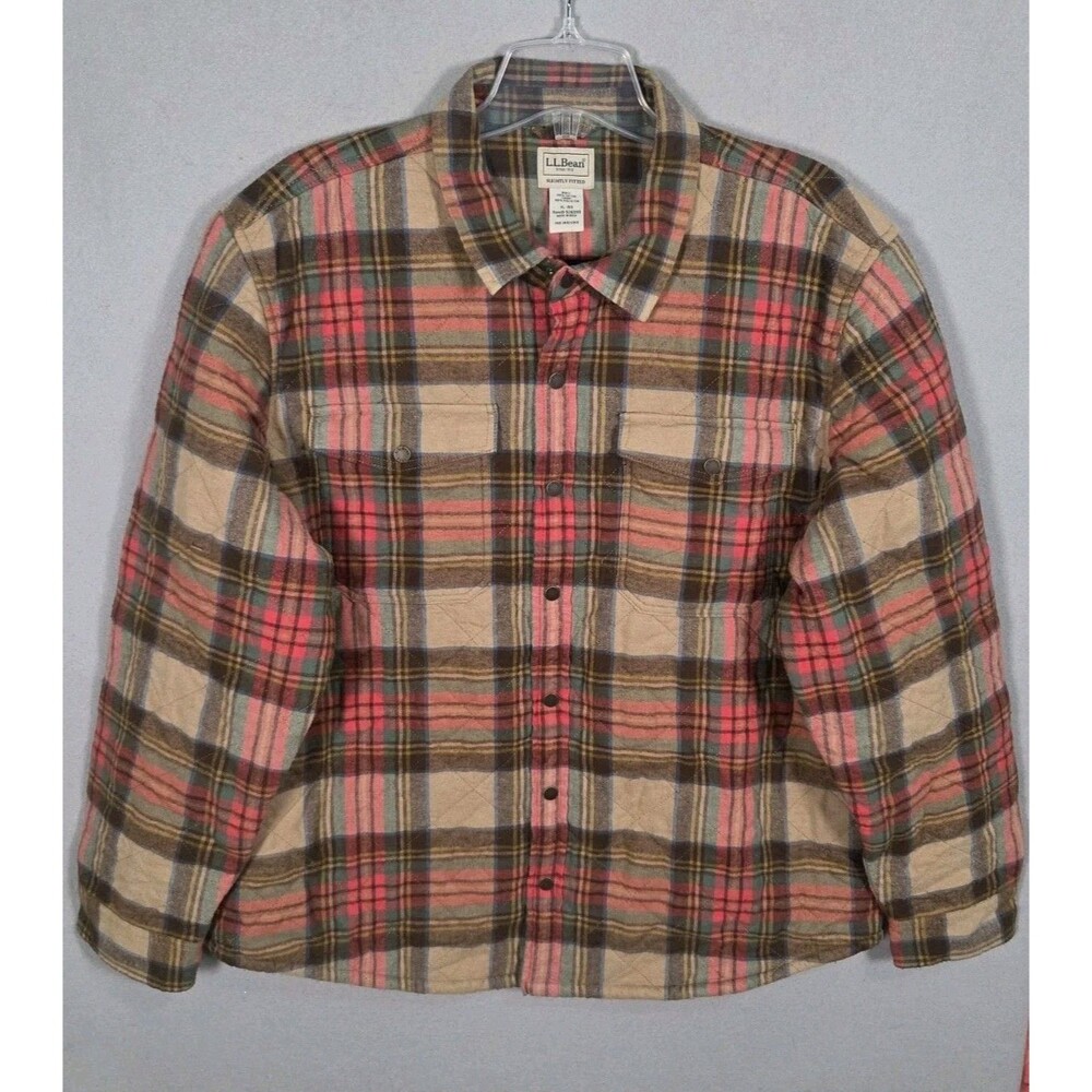 LL Bean Shirt Jacket Mens XL Diamond Quilt Lined Flannel Snap Button Shacket